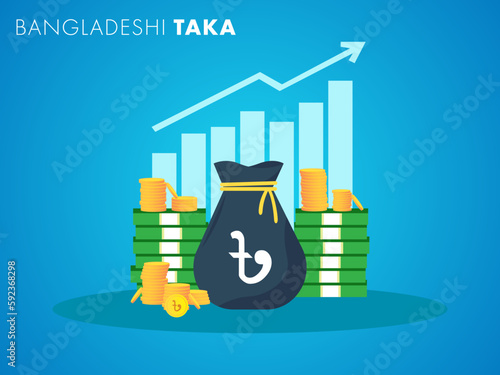 Bangladeshi Taka currency growth to success concept. The money bag chart increases profit. Business growth concept. Vector illustration design