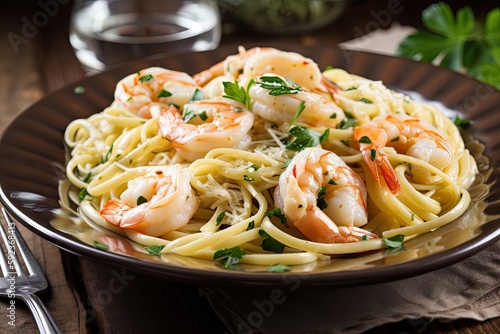 warm bowl of shrimp scampi with linguine and fresh herbs, created with generative ai