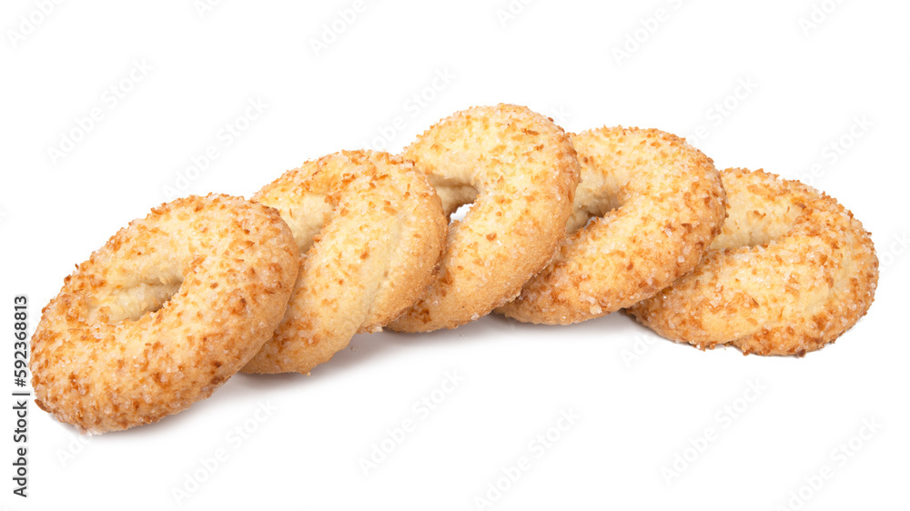 Tasty circle short pastry cookies isolated on white background