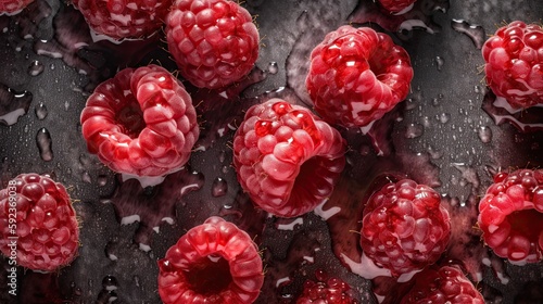 Ripe raspberry with water drops on black background. Close up
