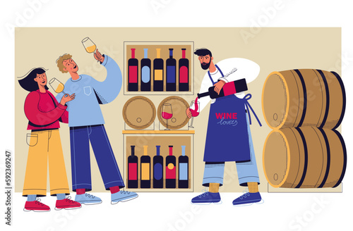 Man and women tasting wine. Winemaker with wine glass and bottle. Couple visit wine cellar. Restaurant worker and visitor.