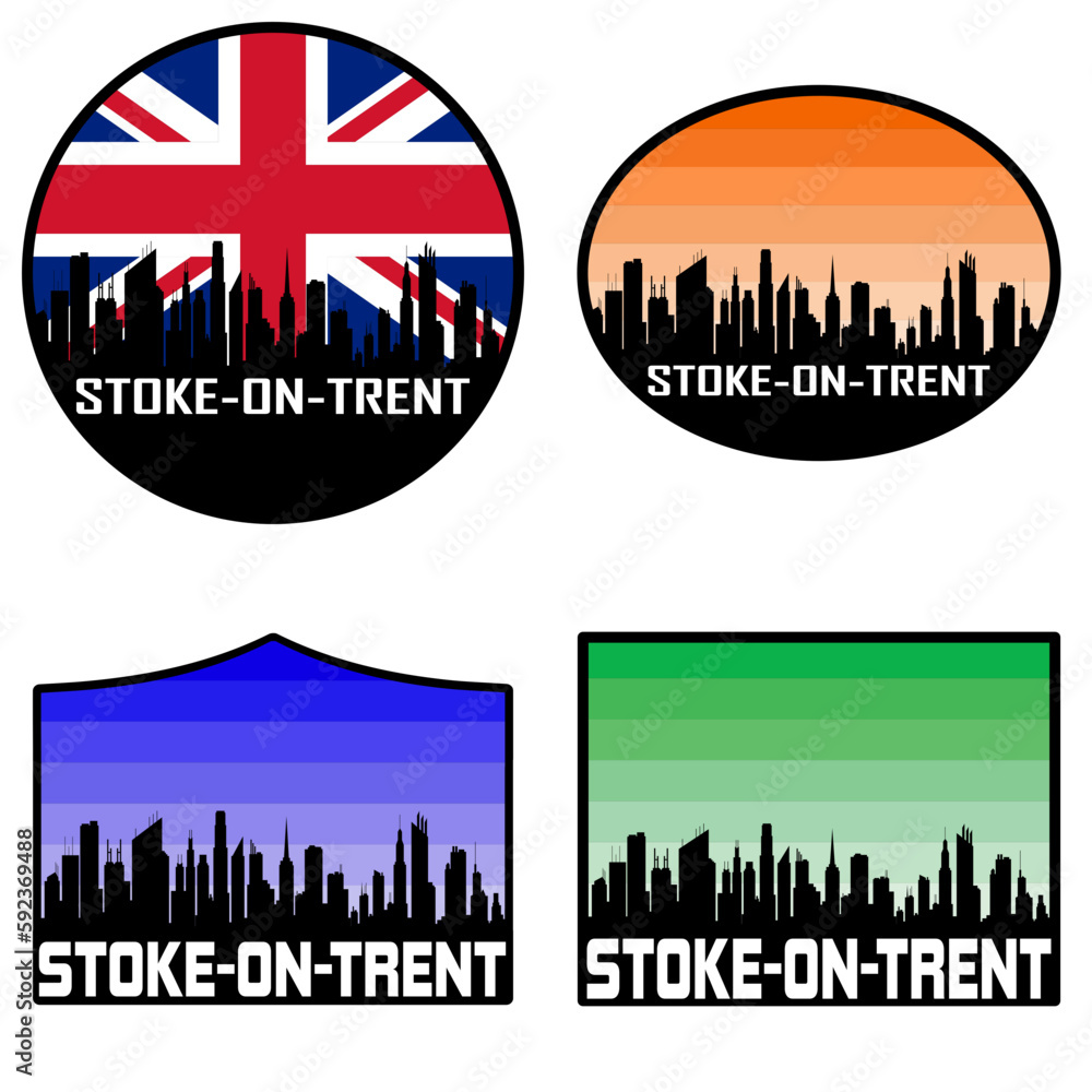 Stoke on Trent Skyline Silhouette Uk Flag Travel Souvenir Sticker Sunset Background Vector Illustration SVG EPS AI