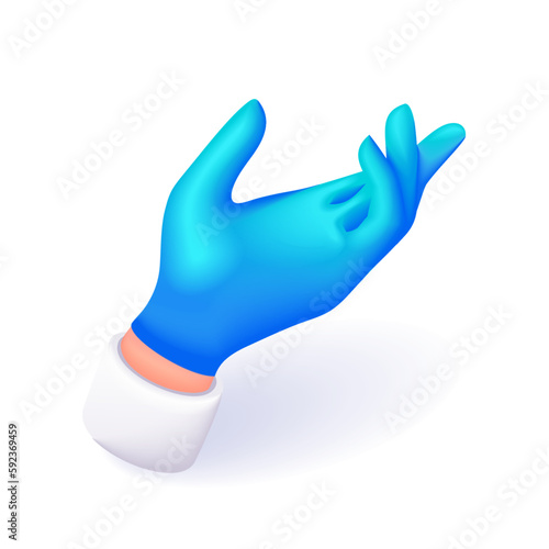 3D Isometric illustration. Doctor cartoon hand. Hand in a blue glove of medical personnel. Open palm in latex glove. Vector icons for website