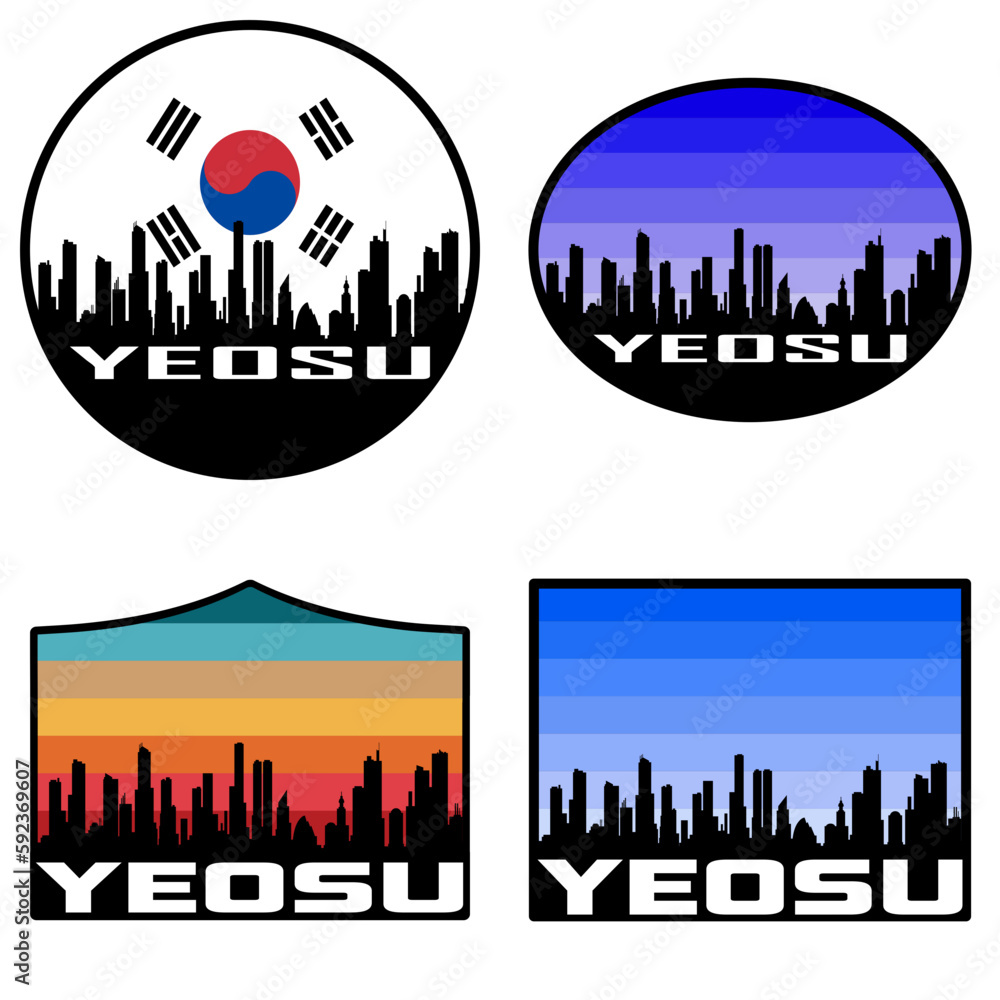 Yeosu Skyline Silhouette South Korea Flag Travel Souvenir Sticker Sunset Background Vector Illustration SVG EPS AI