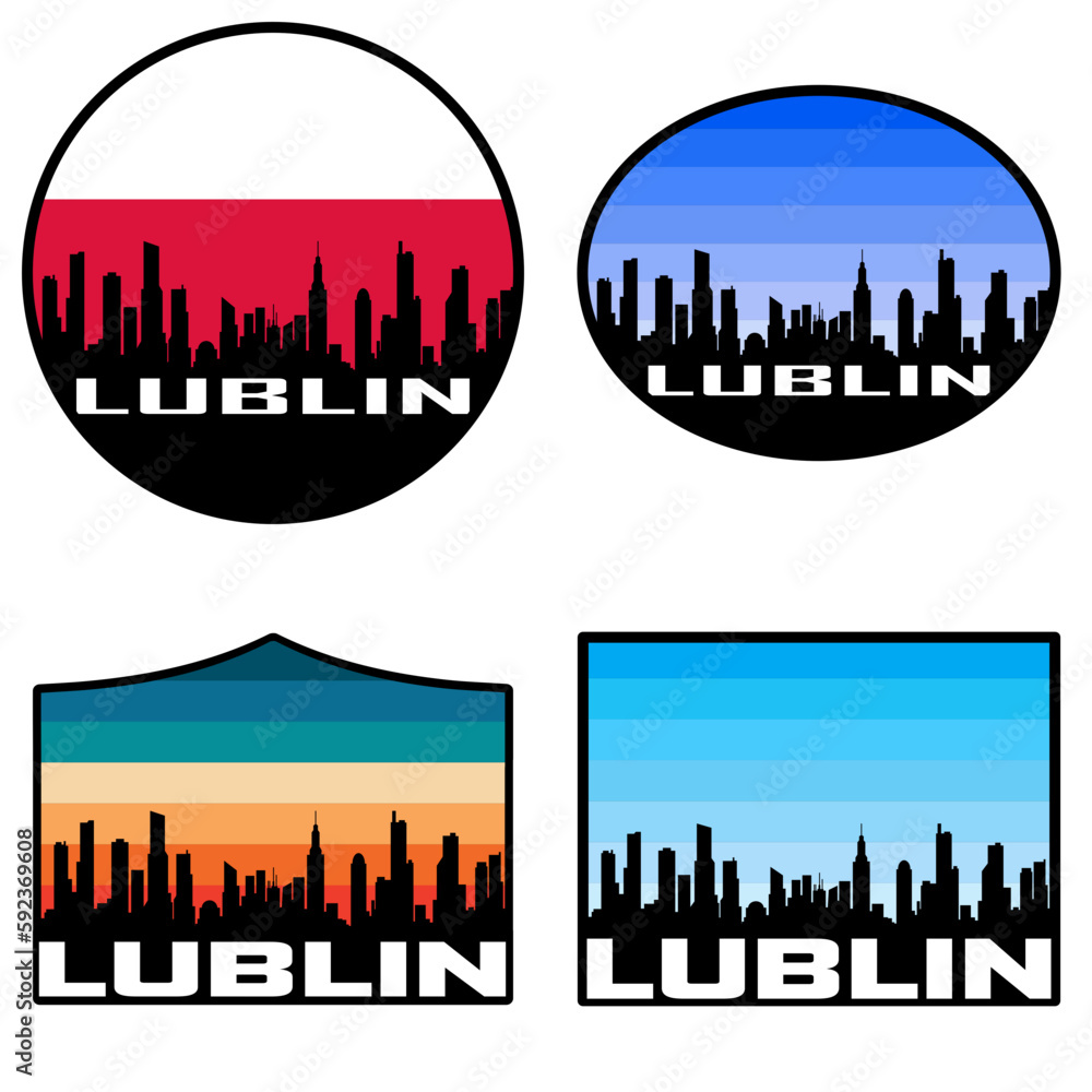 Lublin Skyline Silhouette Poland Flag Travel Souvenir Sticker Sunset Background Vector Illustration SVG EPS AI