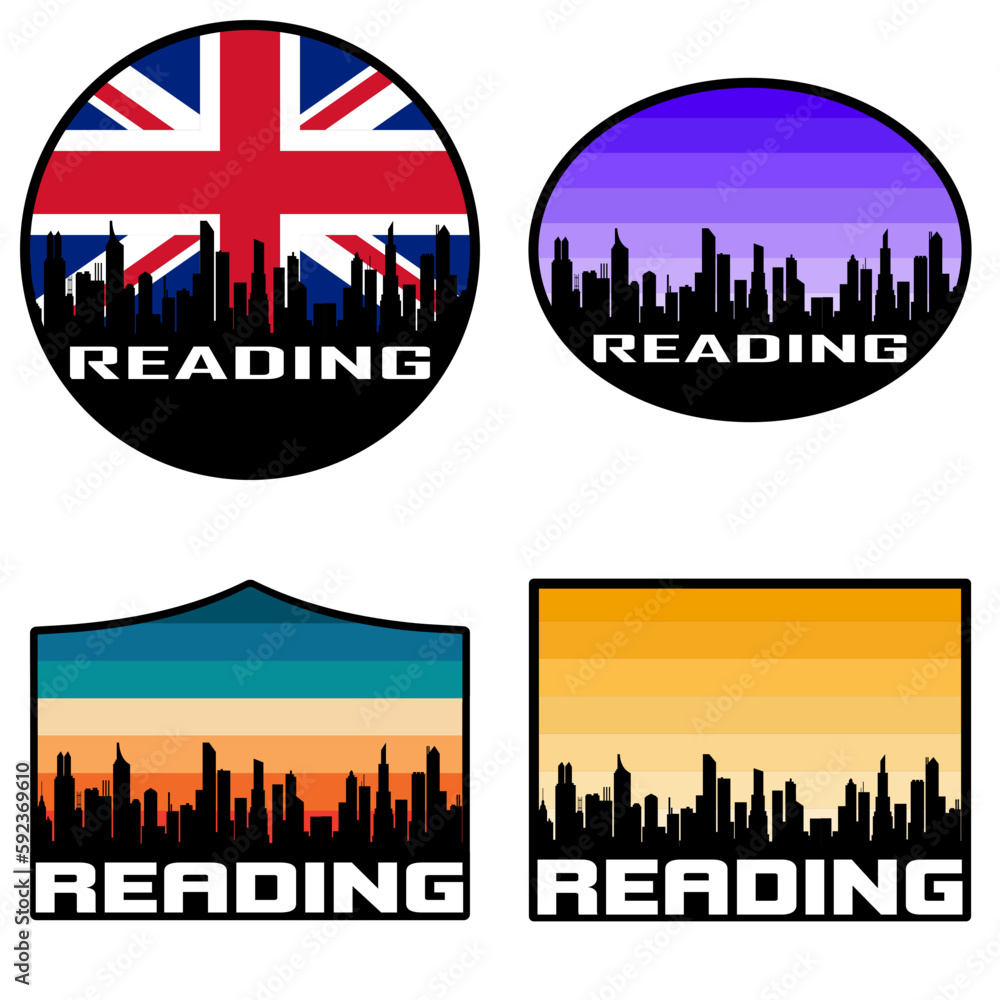 Fototapeta premium Reading Skyline Silhouette Uk Flag Travel Souvenir Sticker Sunset Background Vector Illustration SVG EPS AI