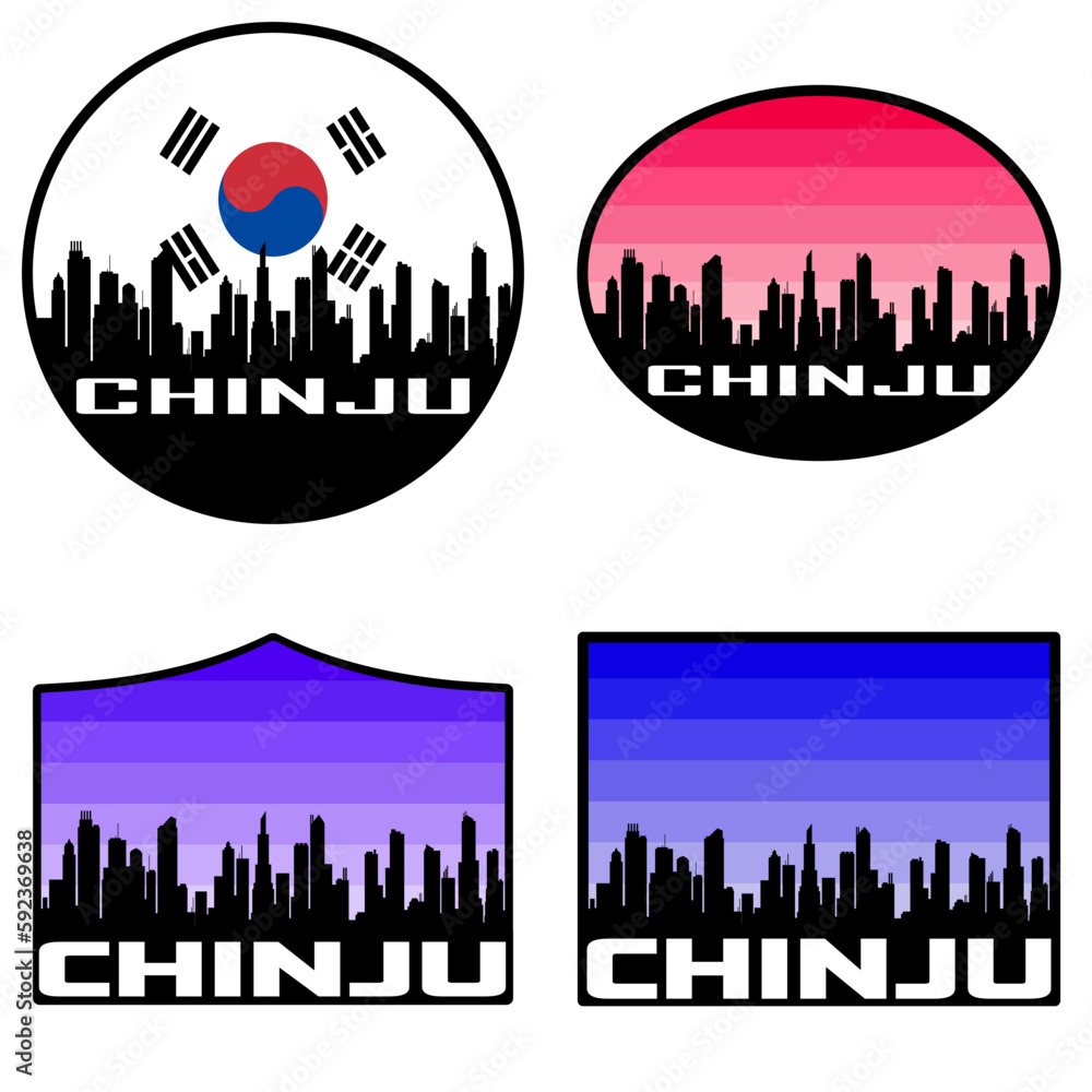Chinju Skyline Silhouette South Korea Flag Travel Souvenir Sticker Sunset Background Vector Illustration SVG EPS AI