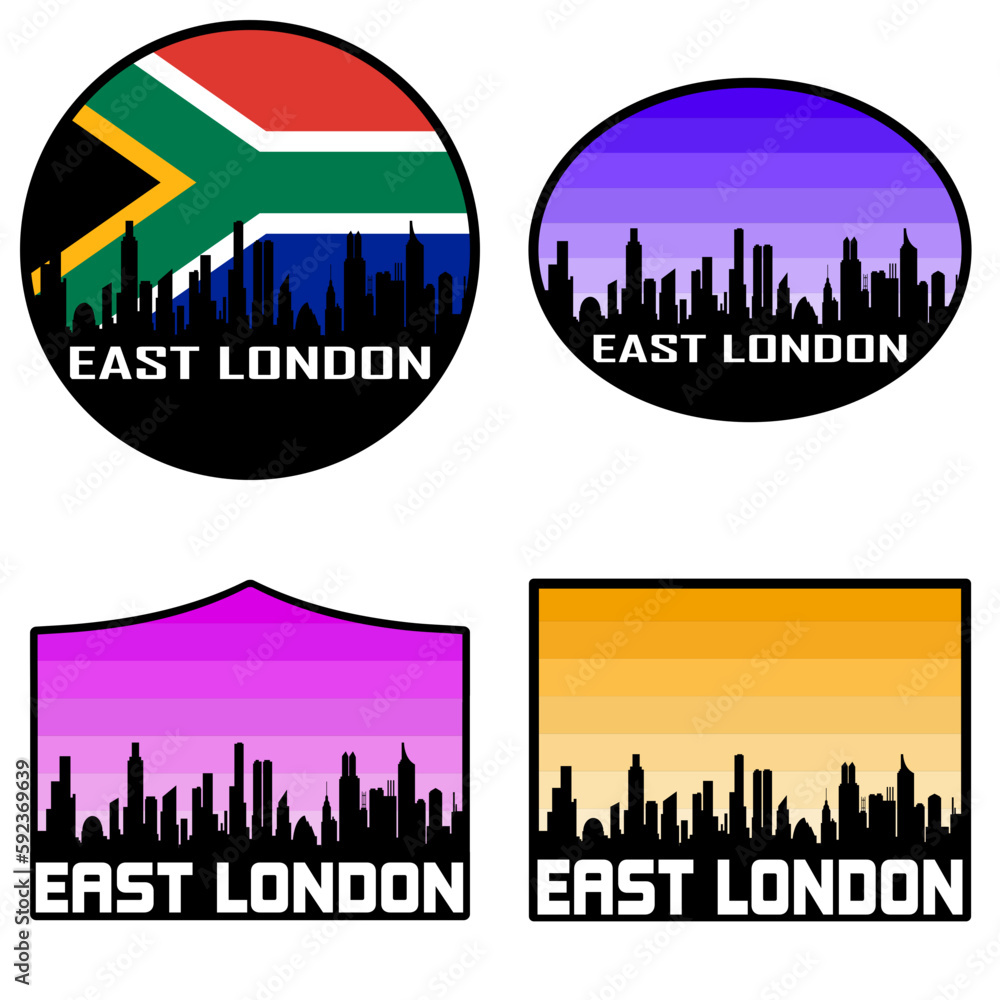East London Skyline Silhouette South Africa Flag Travel Souvenir Sticker Sunset Background Vector Illustration SVG EPS AI