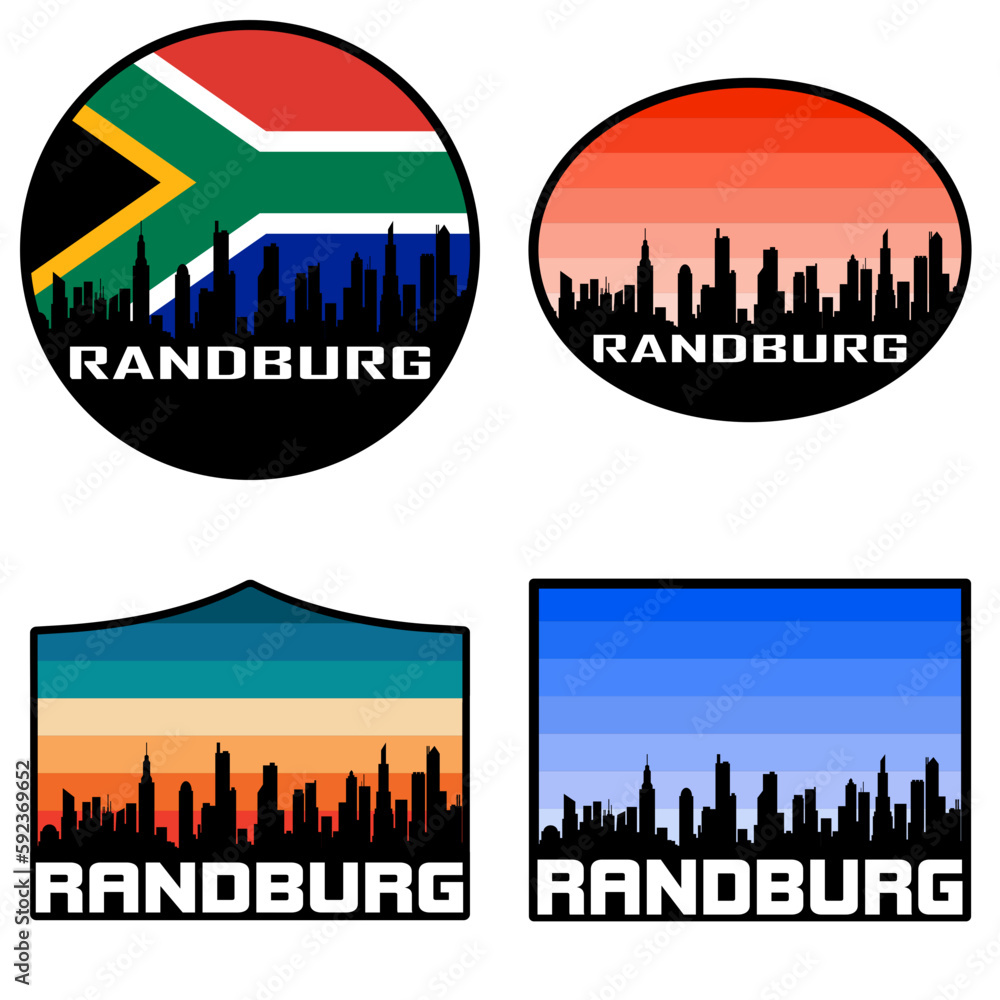 Randburg Skyline Silhouette South Africa Flag Travel Souvenir Sticker Sunset Background Vector Illustration SVG EPS AI