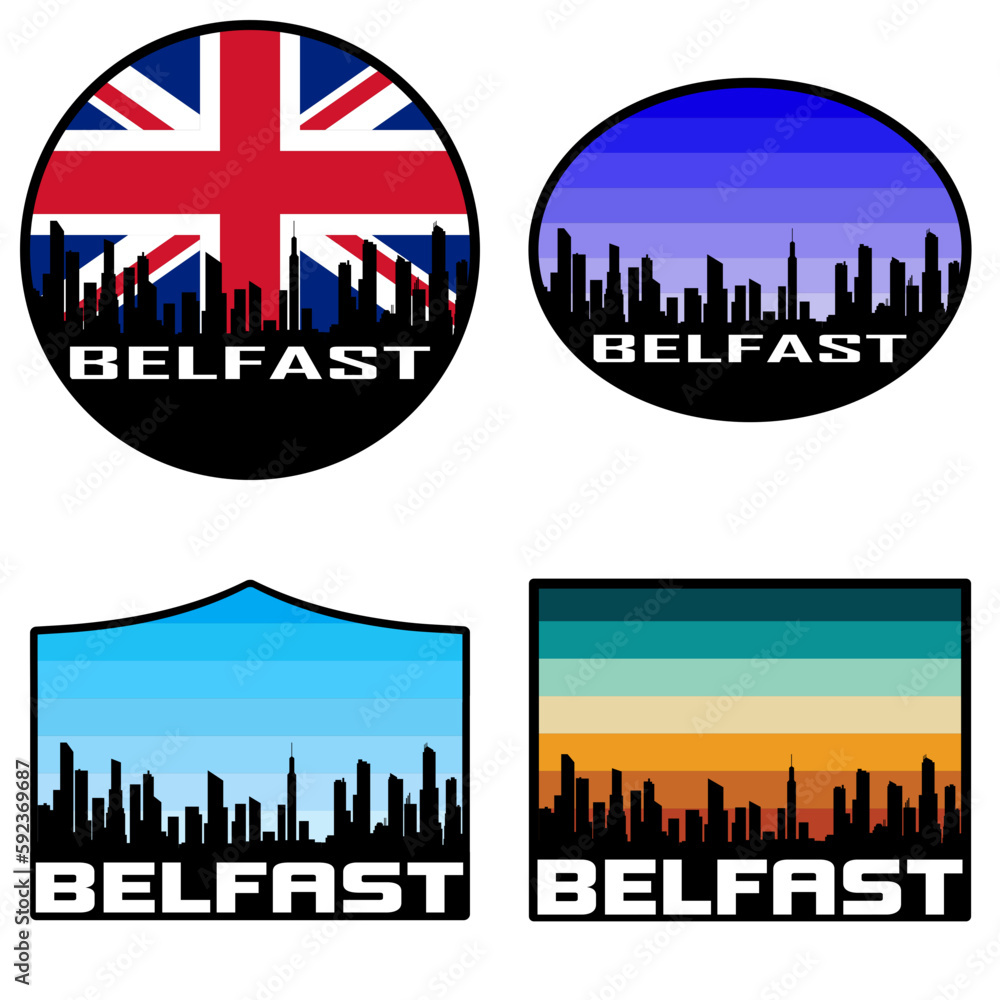 Belfast Skyline Silhouette Uk Flag Travel Souvenir Sticker Sunset Background Vector Illustration SVG EPS AI