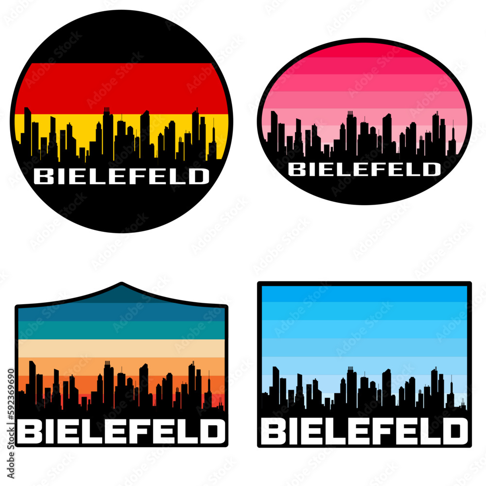 Bielefeld Skyline Silhouette Germany Flag Travel Souvenir Sticker Sunset Background Vector Illustration SVG EPS AI