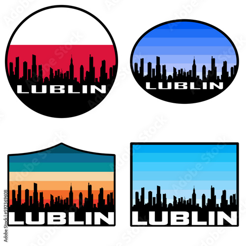 Lublin Skyline Silhouette Poland Flag Travel Souvenir Sticker Sunset Background Vector Illustration SVG EPS AI