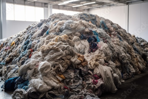 fast-fashion textile waste being recycled into new materials and products, created with generative ai photo