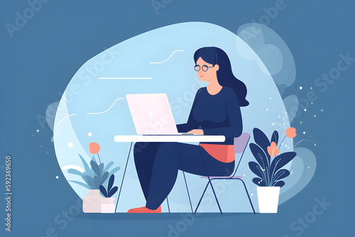 Flat vector illustration Young, cheerful, latin woman using a laptop on a blue background. Smiling female user of the computer that presents jobs or websites for advertising, online services ... © VIX