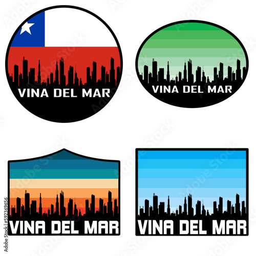 Vina del Mar Skyline Silhouette Chile Flag Travel Souvenir Sticker Sunset Background Vector Illustration SVG EPS AI