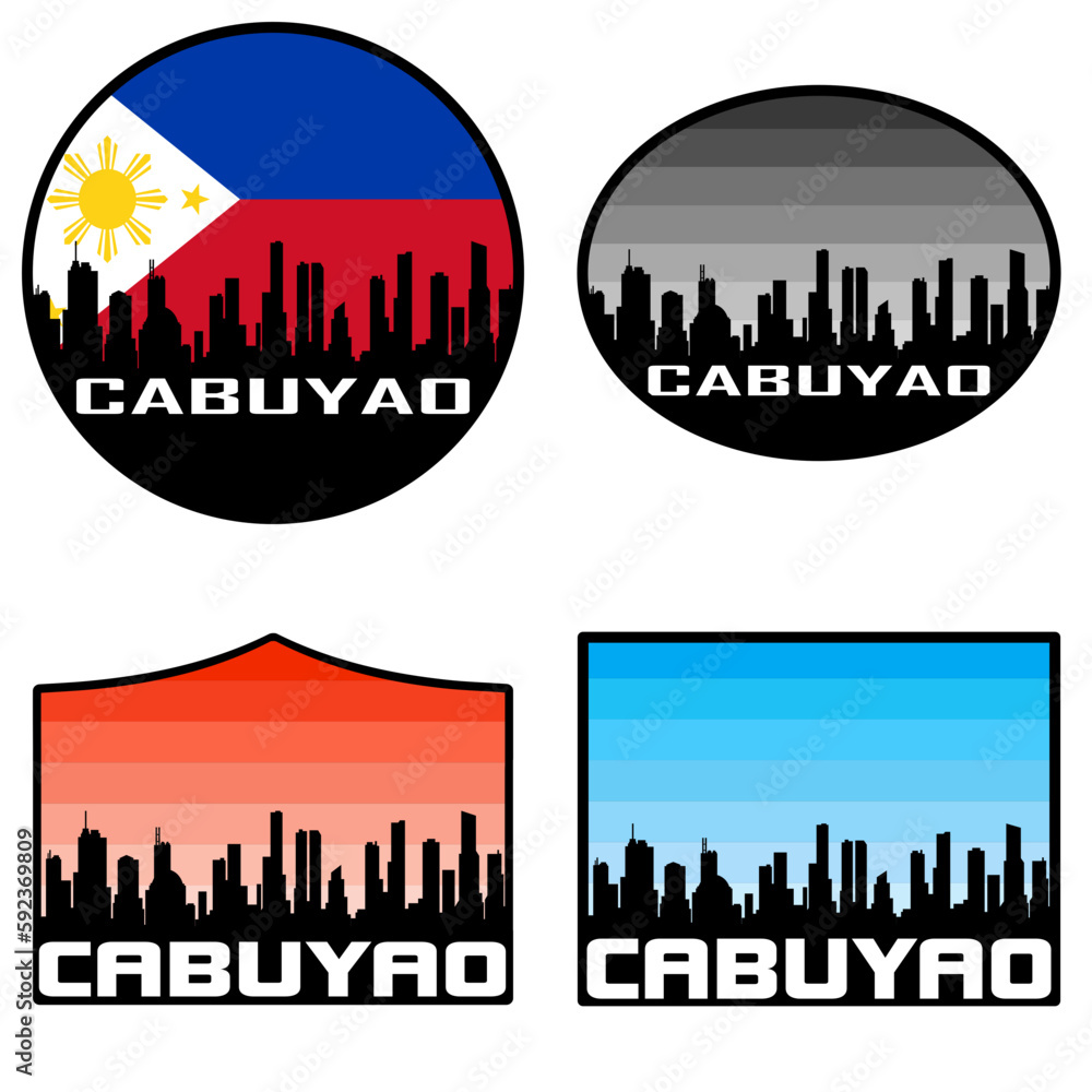 Cabuyao Skyline Silhouette Philippines Flag Travel Souvenir Sticker Sunset Background Vector Illustration SVG EPS AI