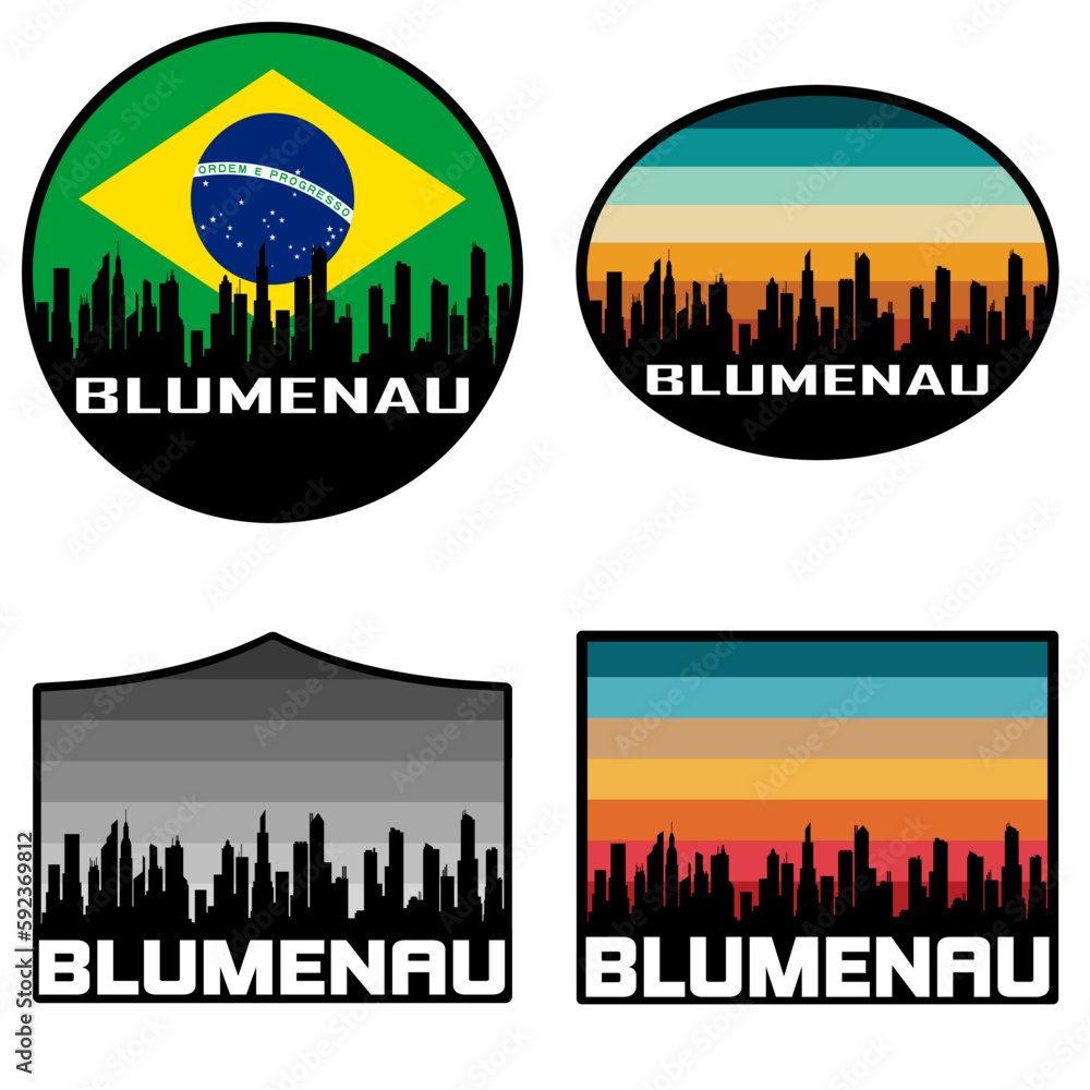Blumenau Skyline Silhouette Brazil Flag Travel Souvenir Sticker Sunset Background Vector Illustration SVG EPS AI