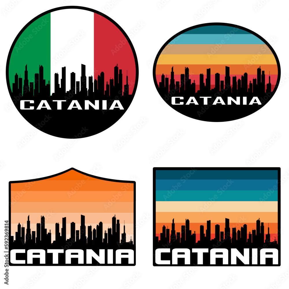 Catania Skyline Silhouette Italy Flag Travel Souvenir Sticker Sunset Background Vector Illustration SVG EPS AI