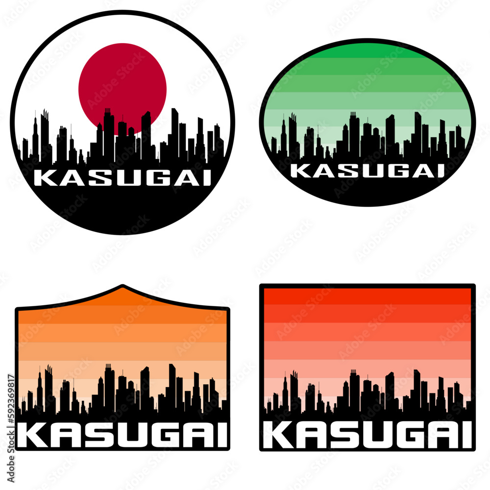 Kasugai Skyline Silhouette Japan Flag Travel Souvenir Sticker Sunset Background Vector Illustration SVG EPS AI