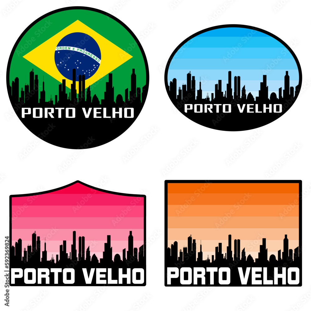 Porto Velho Skyline Silhouette Brazil Flag Travel Souvenir Sticker Sunset Background Vector Illustration SVG EPS AI
