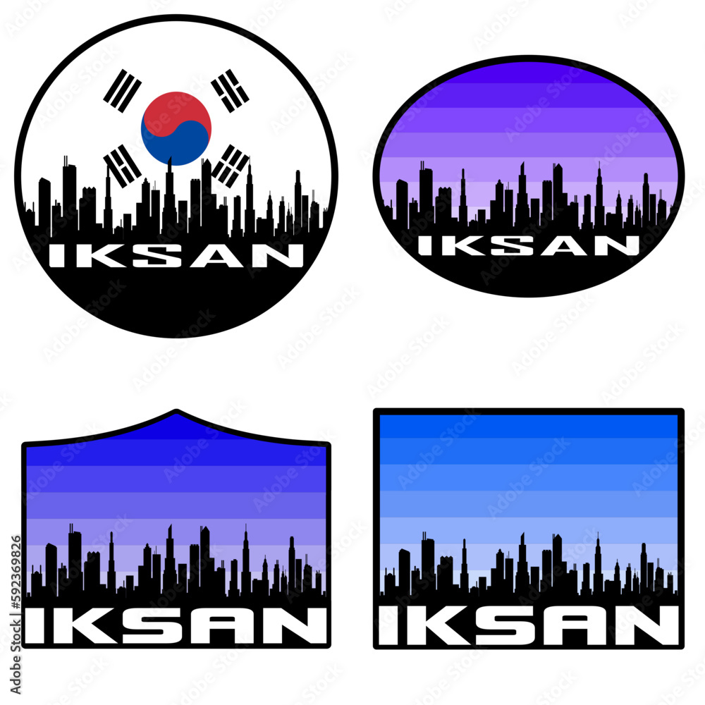 Iksan Skyline Silhouette South Korea Flag Travel Souvenir Sticker Sunset Background Vector Illustration SVG EPS AI