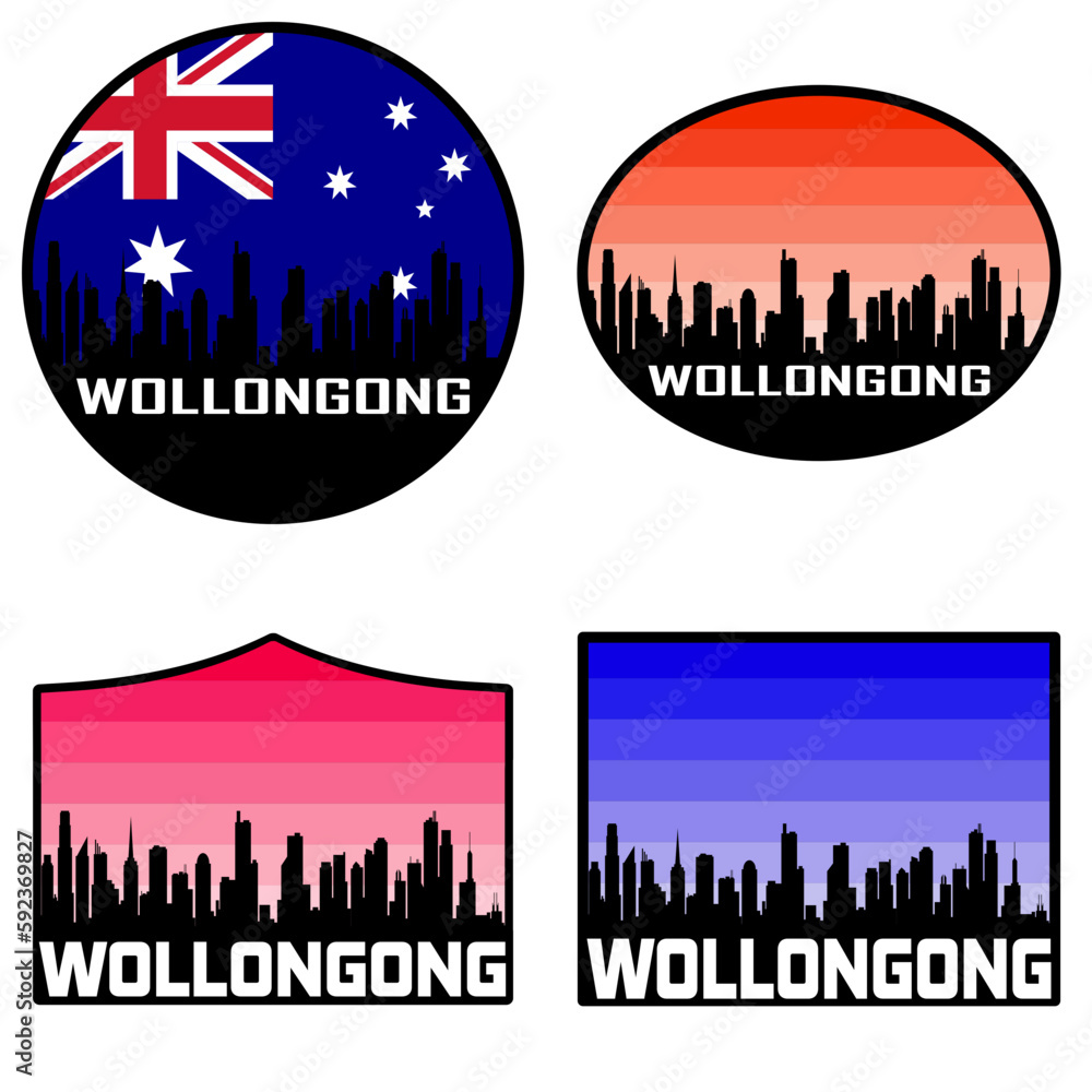 Wollongong Skyline Silhouette Australia Flag Travel Souvenir Sticker Sunset Background Vector Illustration SVG EPS AI