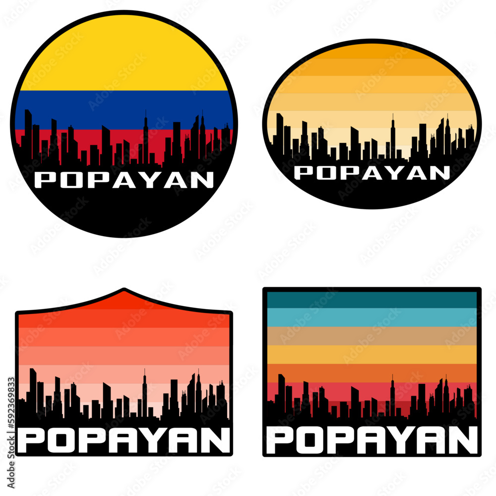 Popayan Skyline Silhouette Colombia Flag Travel Souvenir Sticker Sunset Background Vector Illustration SVG EPS AI