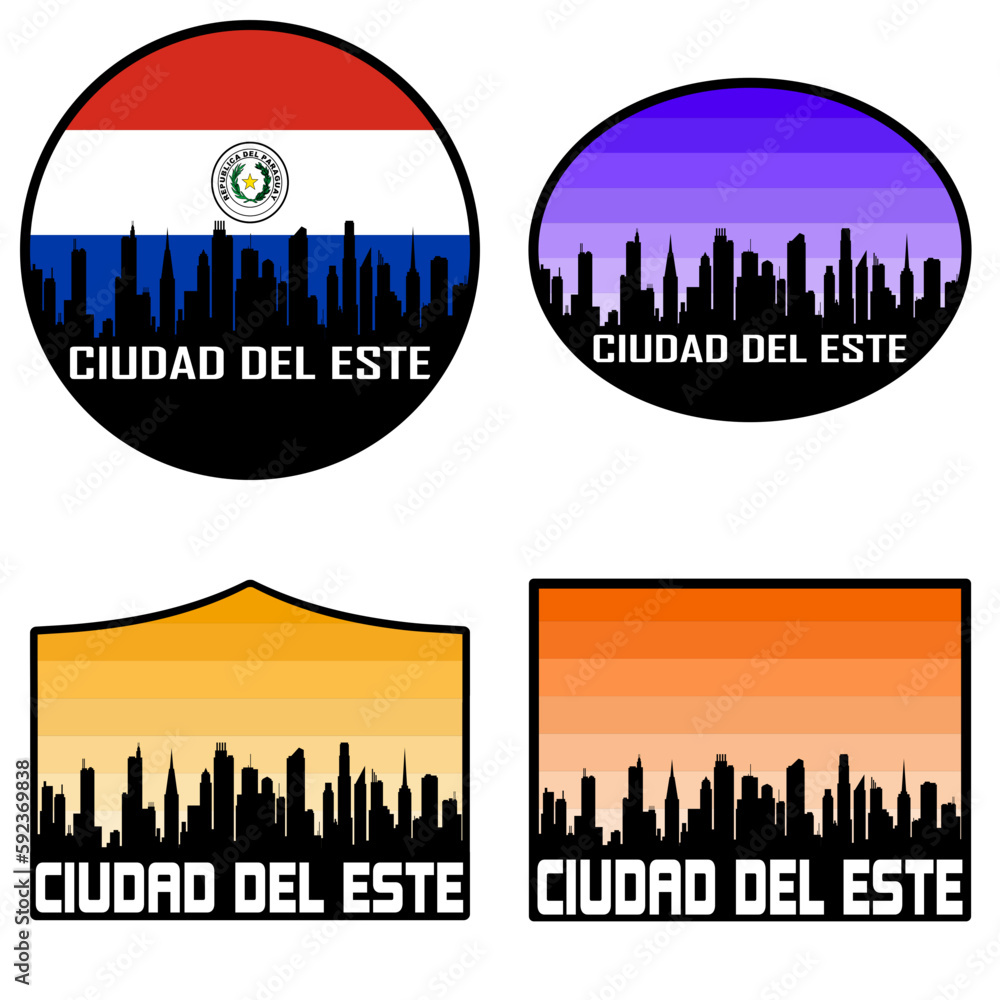 Ciudad del Este Skyline Silhouette Paraguay Flag Travel Souvenir Sticker Sunset Background Vector Illustration SVG EPS AI