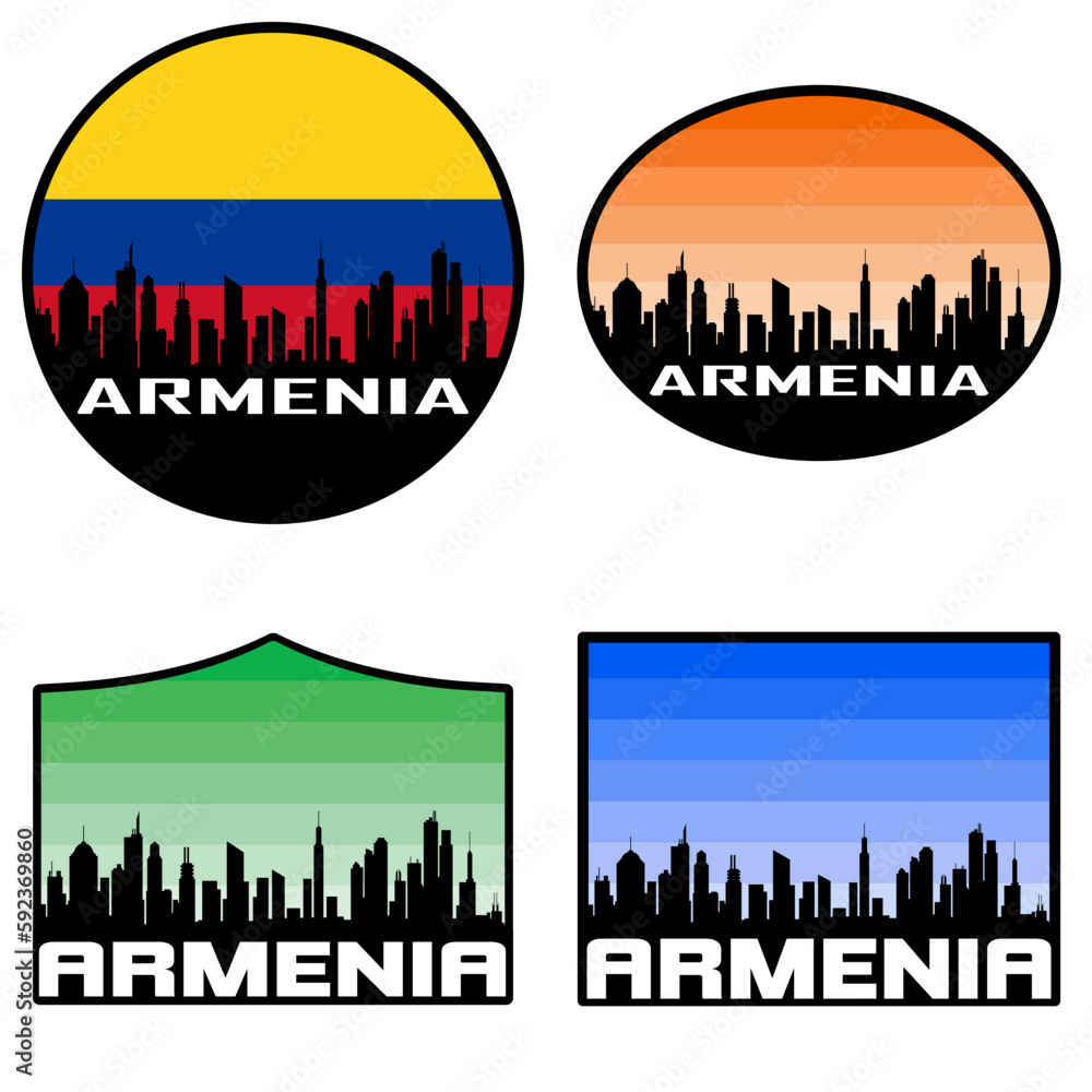 Armenia Skyline Silhouette Colombia Flag Travel Souvenir Sticker Sunset Background Vector Illustration SVG EPS AI