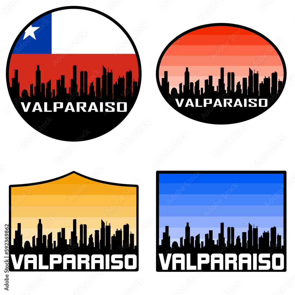 Valparaiso Skyline Silhouette Chile Flag Travel Souvenir Sticker Sunset Background Vector Illustration SVG EPS AI