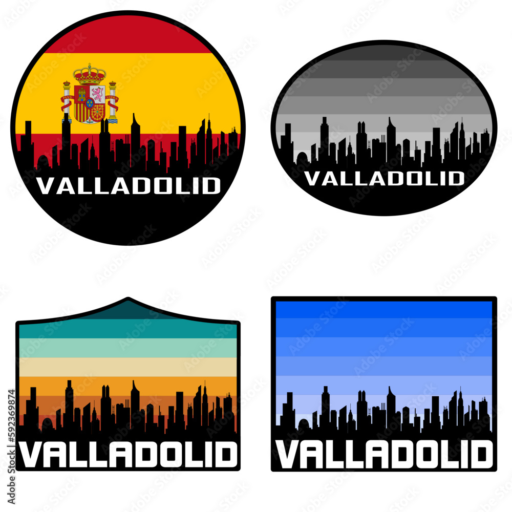 Valladolid Skyline Silhouette Spain Flag Travel Souvenir Sticker Sunset Background Vector Illustration SVG EPS AI