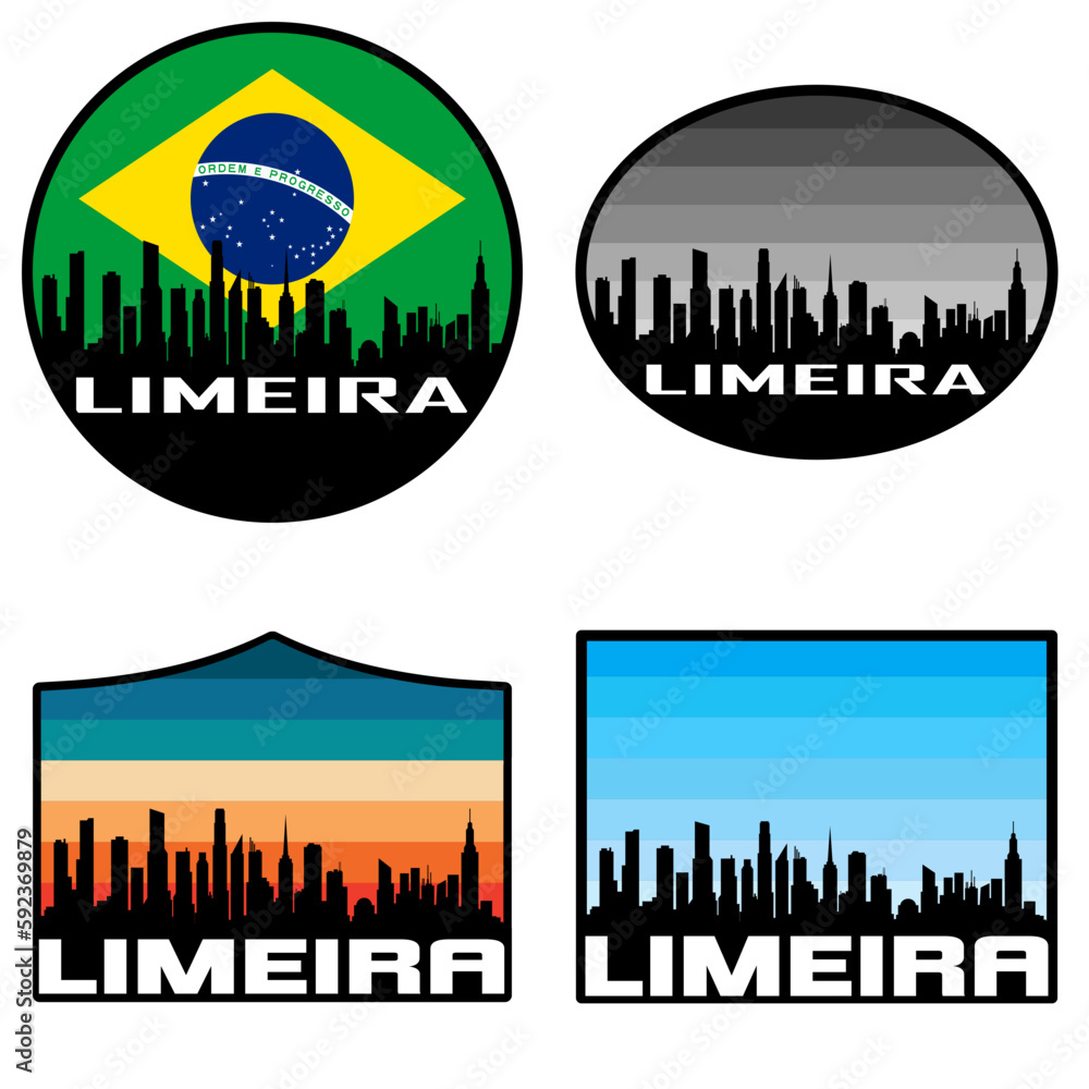 Limeira Skyline Silhouette Brazil Flag Travel Souvenir Sticker Sunset Background Vector Illustration SVG EPS AI