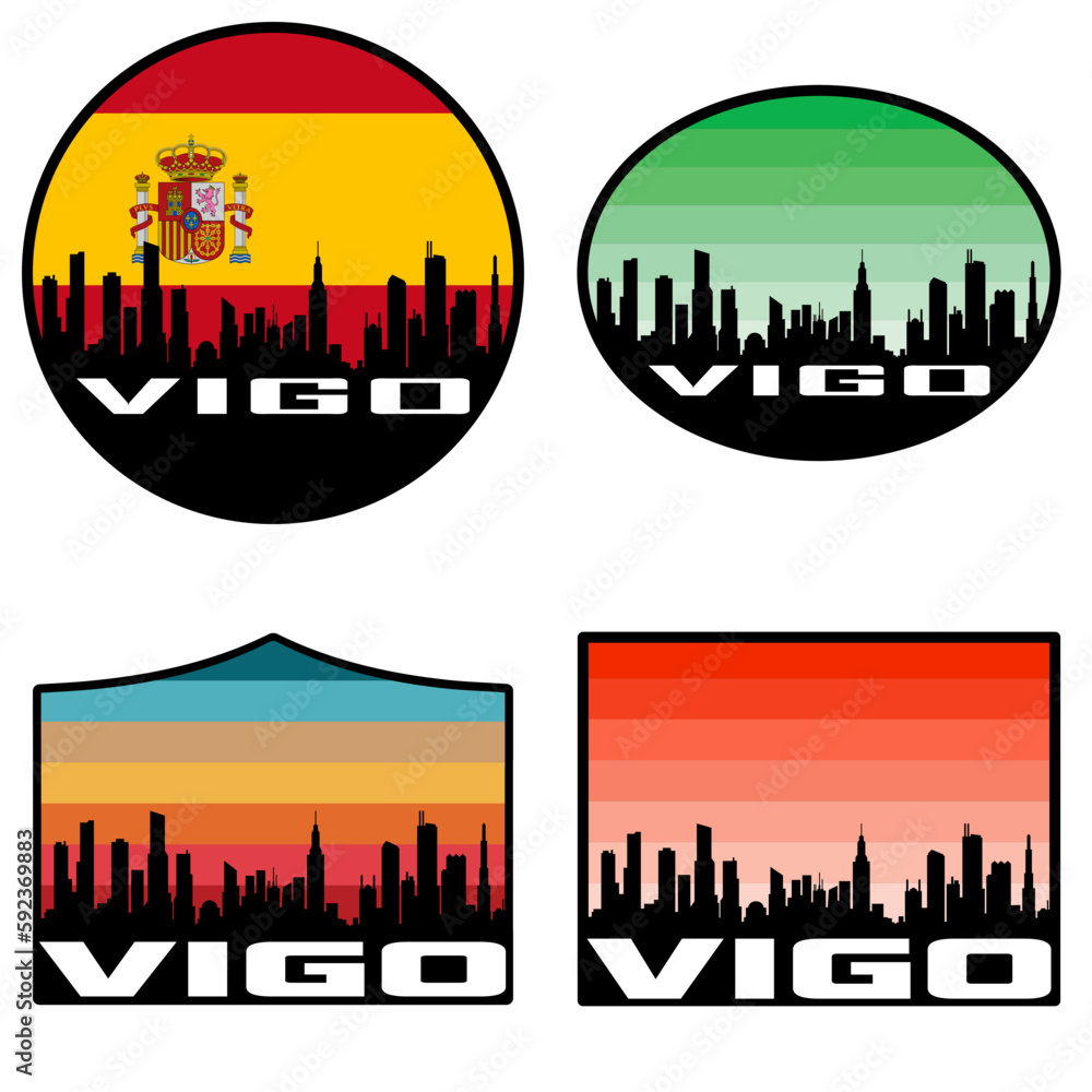 Vigo Skyline Silhouette Spain Flag Travel Souvenir Sticker Sunset Background Vector Illustration SVG EPS AI