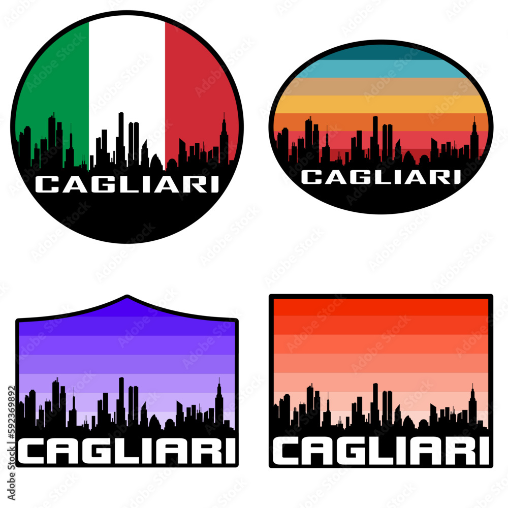 Cagliari Skyline Silhouette Italy Flag Travel Souvenir Sticker Sunset Background Vector Illustration SVG EPS AI