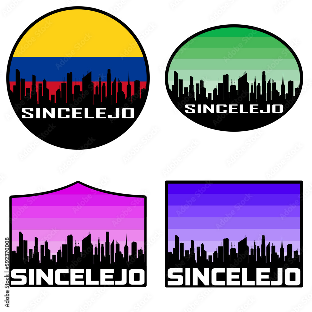 Sincelejo Skyline Silhouette Colombia Flag Travel Souvenir Sticker Sunset Background Vector Illustration SVG EPS AI