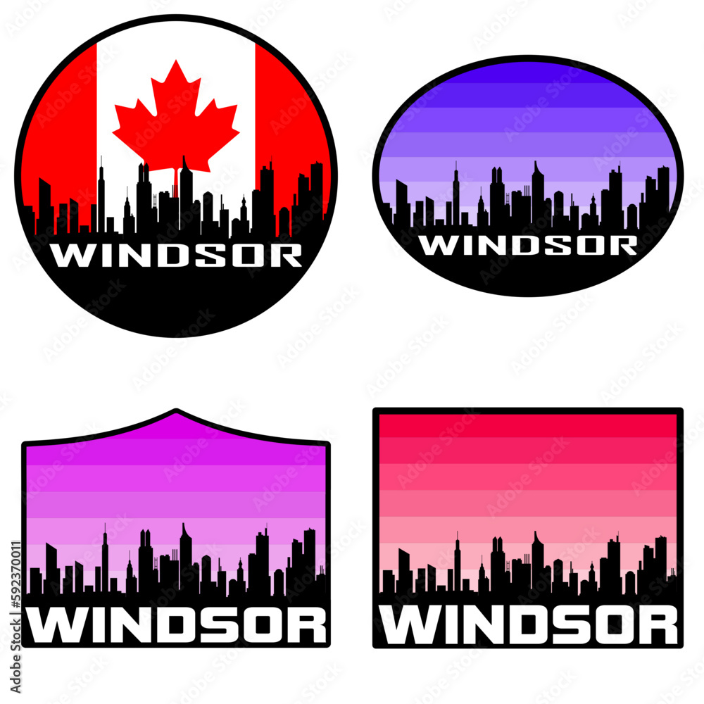 Windsor Skyline Silhouette Canada Flag Travel Souvenir Sticker Sunset Background Vector Illustration SVG EPS AI