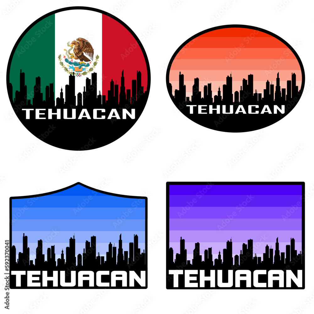 Tehuacan Skyline Silhouette Mexico Flag Travel Souvenir Sticker Sunset Background Vector Illustration SVG EPS AI