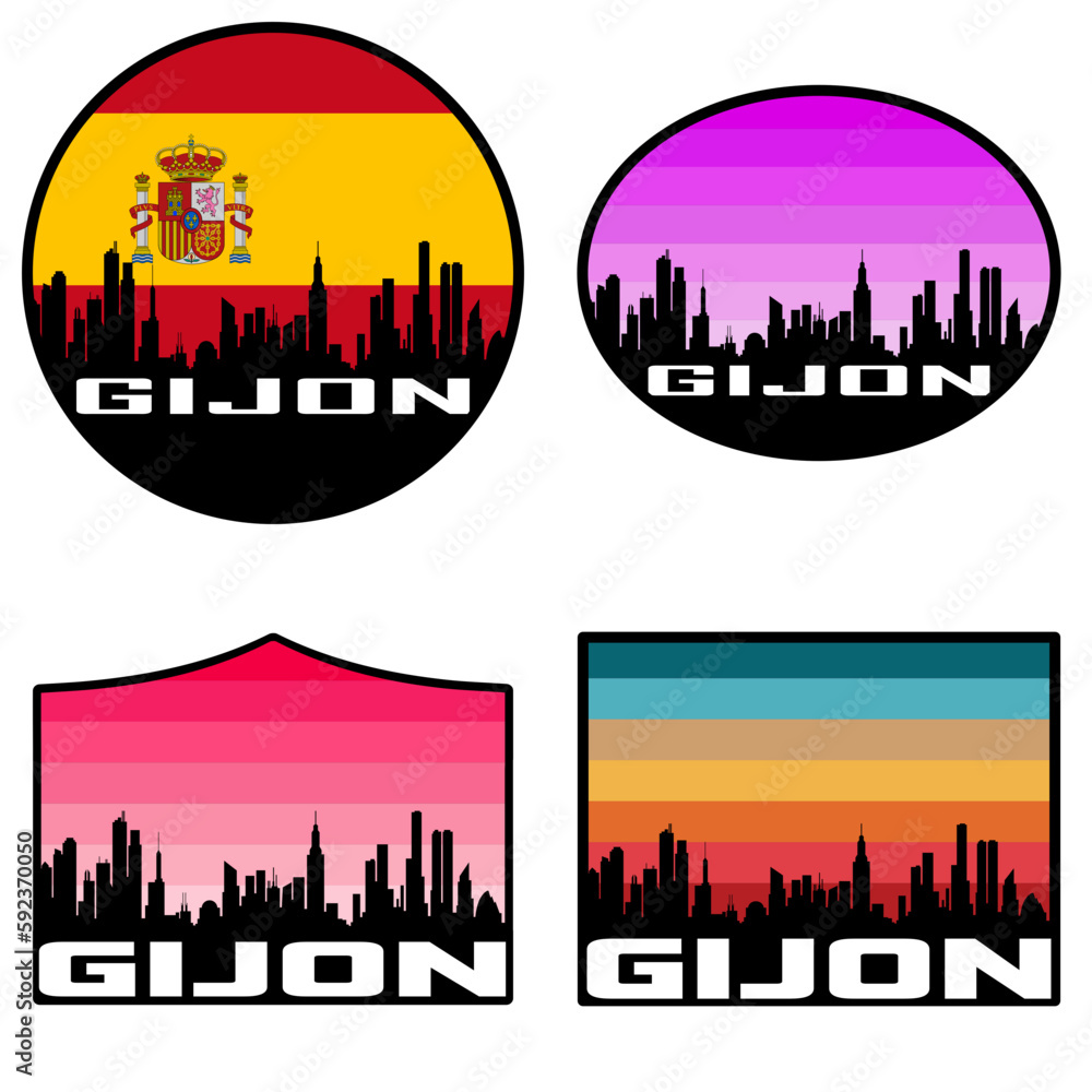 Gijon Skyline Silhouette Spain Flag Travel Souvenir Sticker Sunset Background Vector Illustration SVG EPS AI