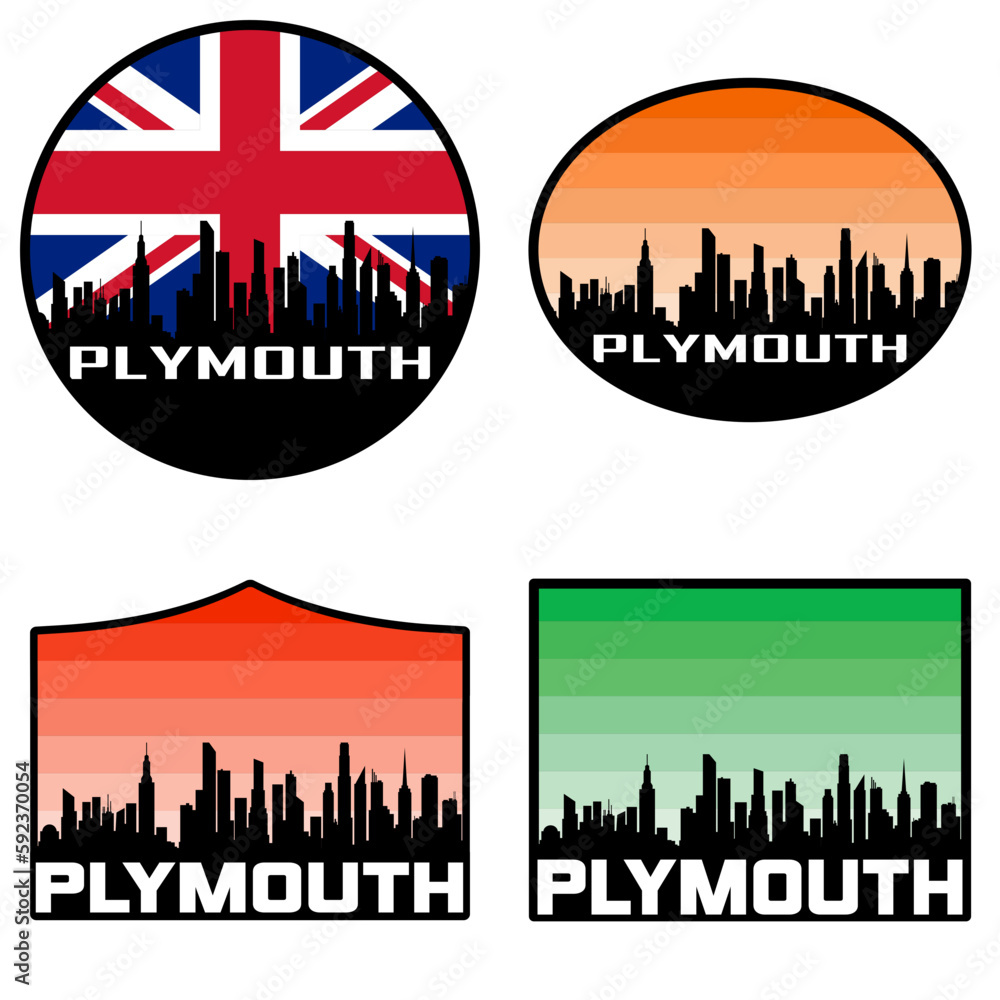 Plymouth Skyline Silhouette Uk Flag Travel Souvenir Sticker Sunset Background Vector Illustration SVG EPS AI