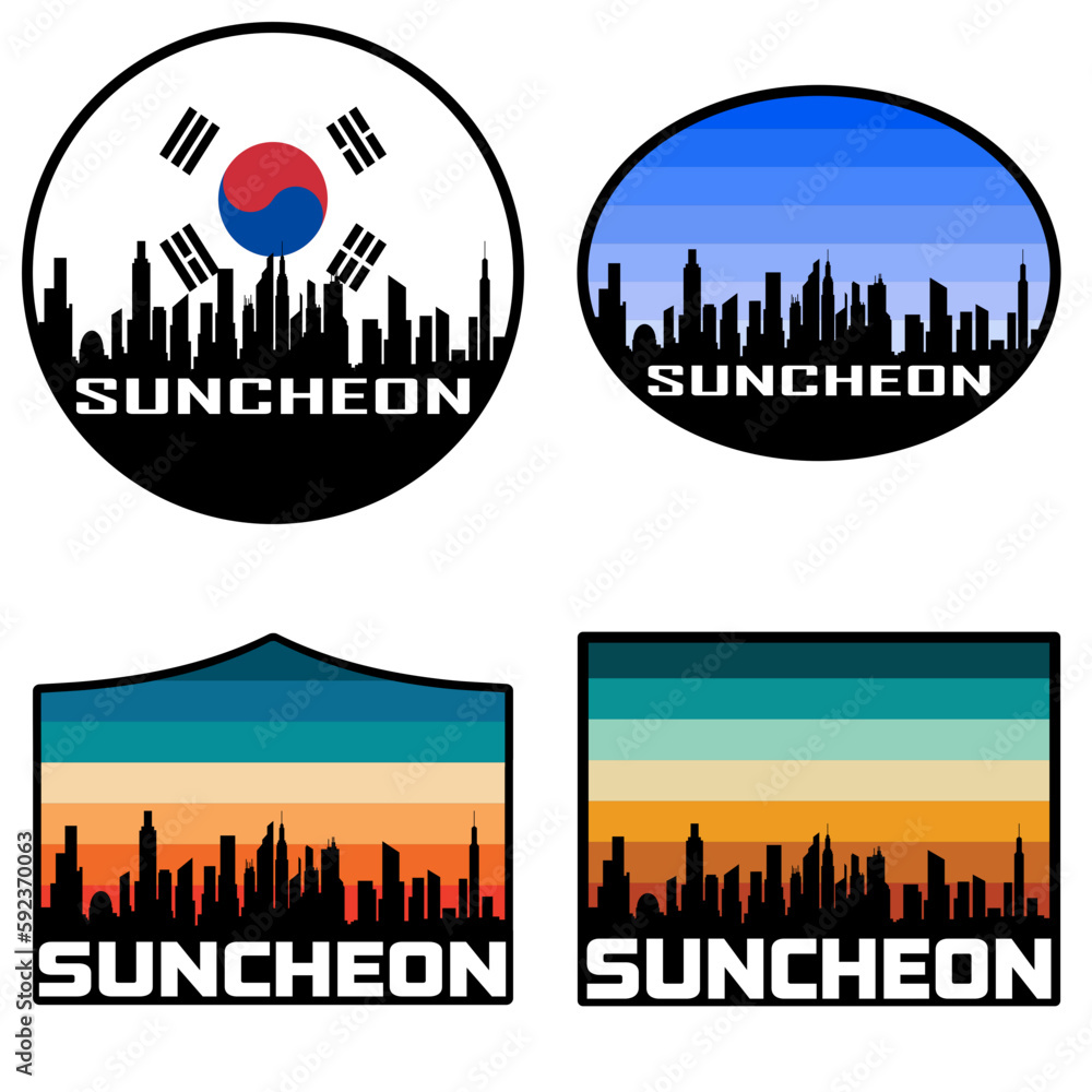 Suncheon Skyline Silhouette South Korea Flag Travel Souvenir Sticker Sunset Background Vector Illustration SVG EPS AI