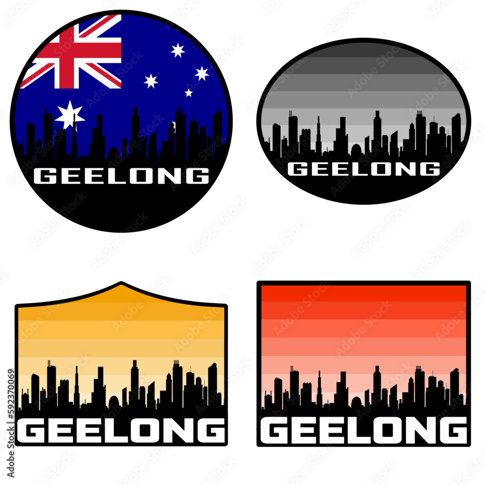 Geelong Skyline Silhouette Australia Flag Travel Souvenir Sticker Sunset Background Vector Illustration SVG EPS AI