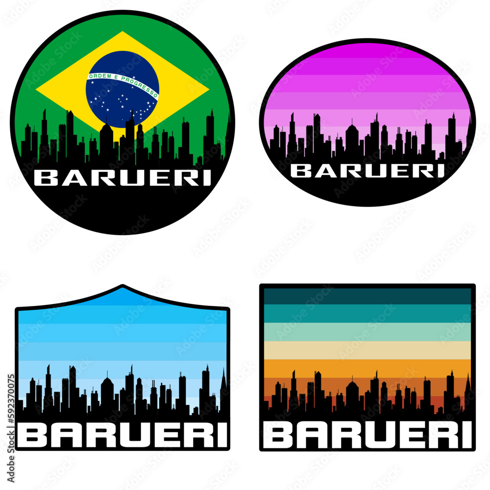 Barueri Skyline Silhouette Brazil Flag Travel Souvenir Sticker Sunset Background Vector Illustration SVG EPS AI