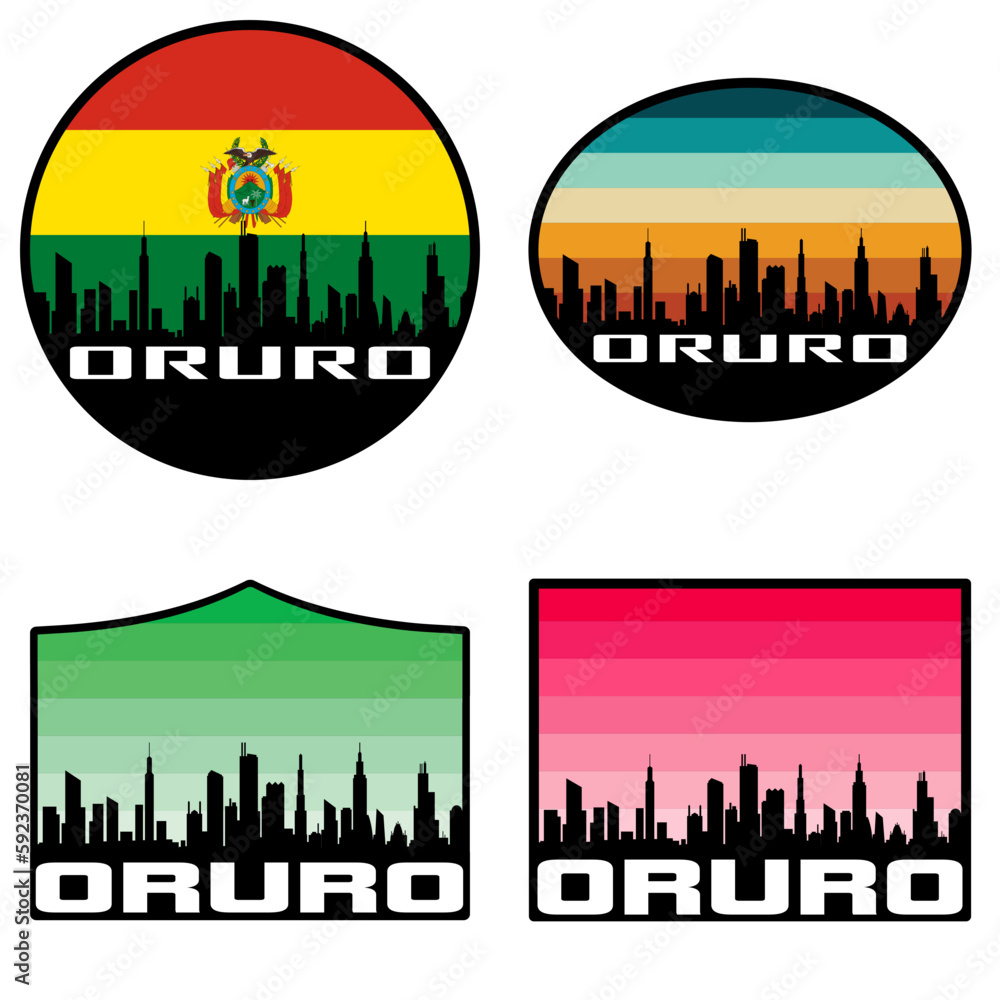 Oruro Skyline Silhouette Bolivia Flag Travel Souvenir Sticker Sunset Background Vector Illustration SVG EPS AI