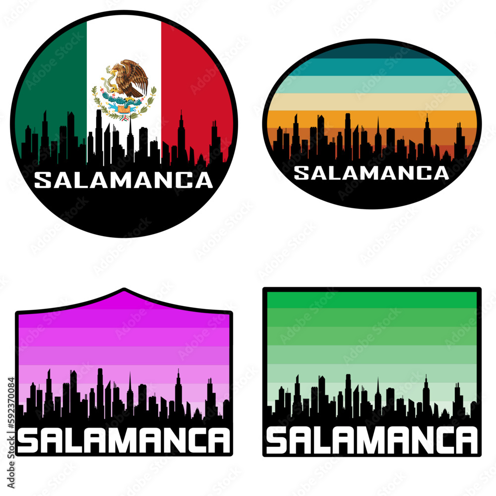 Salamanca Skyline Silhouette Mexico Flag Travel Souvenir Sticker Sunset Background Vector Illustration SVG EPS AI