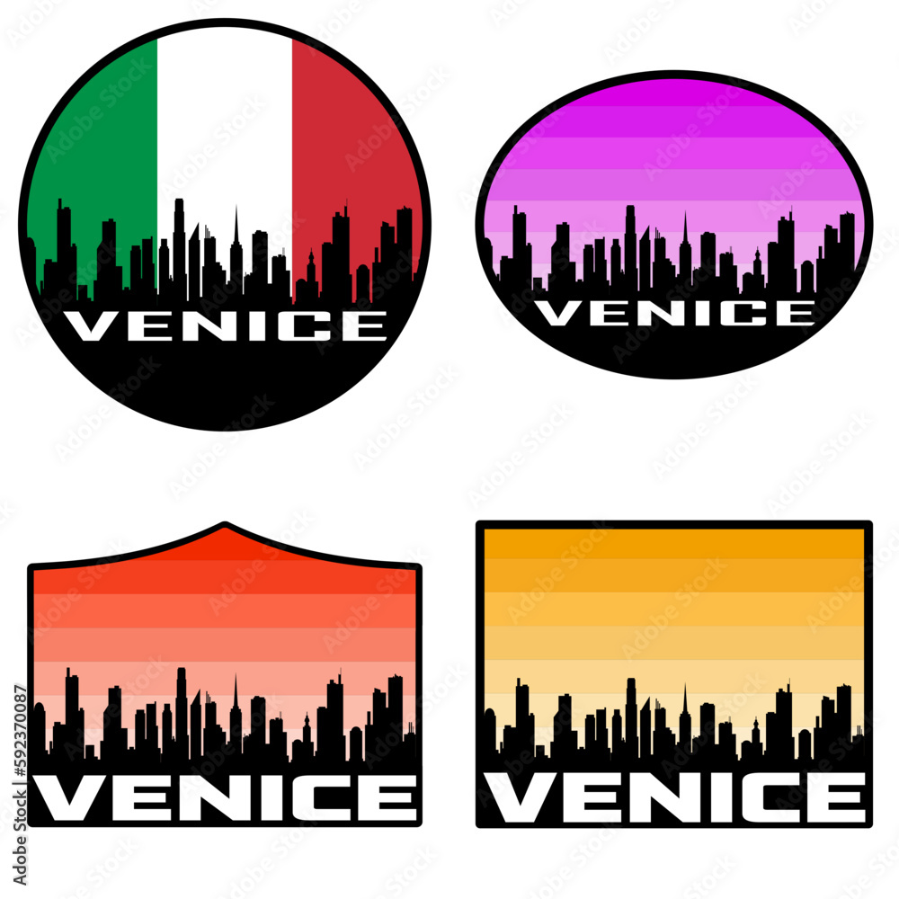 Venice Skyline Silhouette Italy Flag Travel Souvenir Sticker Sunset Background Vector Illustration SVG EPS AI