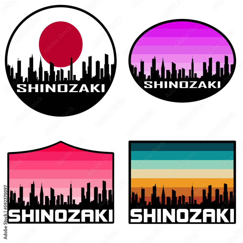 Shinozaki Skyline Silhouette Japan Flag Travel Souvenir Sticker Sunset Background Vector Illustration SVG EPS AI