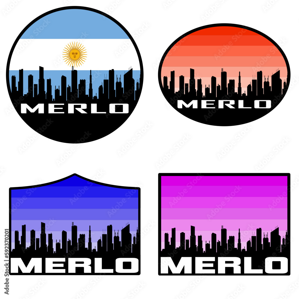 Merlo Skyline Silhouette Argentina Flag Travel Souvenir Sticker Sunset Background Vector Illustration SVG EPS AI
