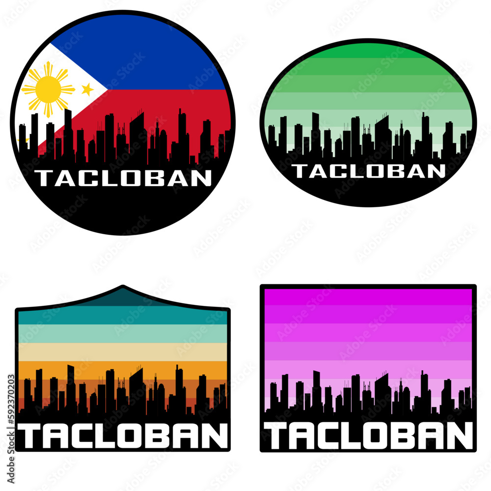 Tacloban Skyline Silhouette Philippines Flag Travel Souvenir Sticker Sunset Background Vector Illustration SVG EPS AI