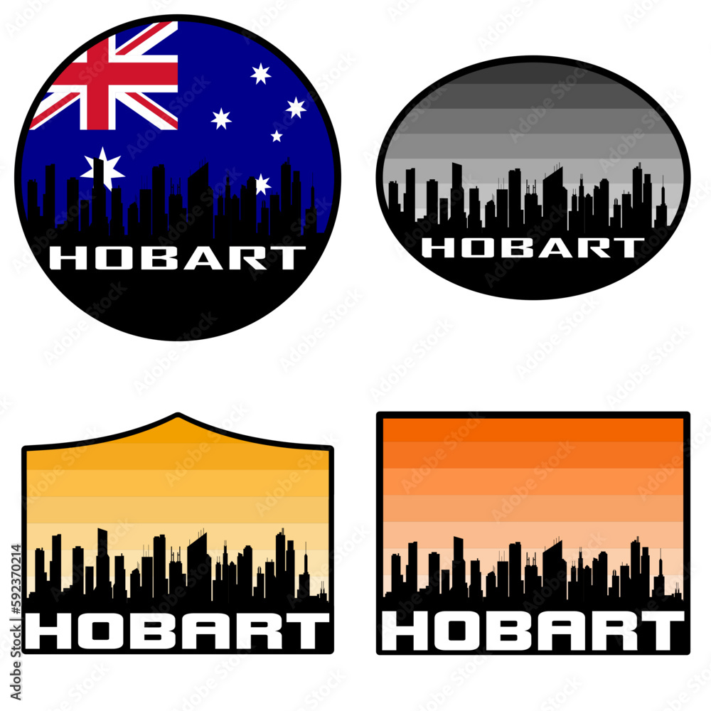 Hobart Skyline Silhouette Australia Flag Travel Souvenir Sticker Sunset Background Vector Illustration SVG EPS AI