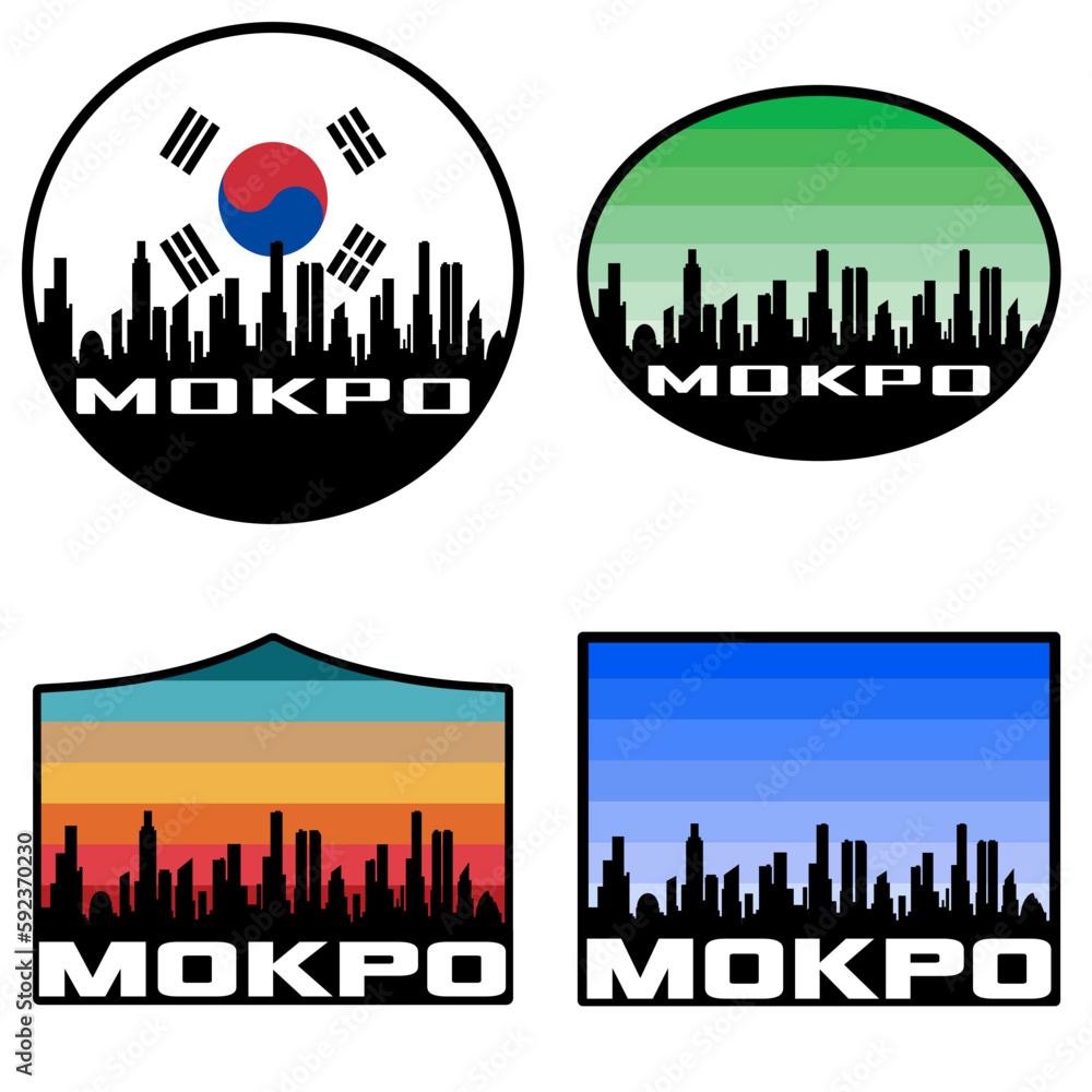 Mokpo Skyline Silhouette South Korea Flag Travel Souvenir Sticker Sunset Background Vector Illustration SVG EPS AI